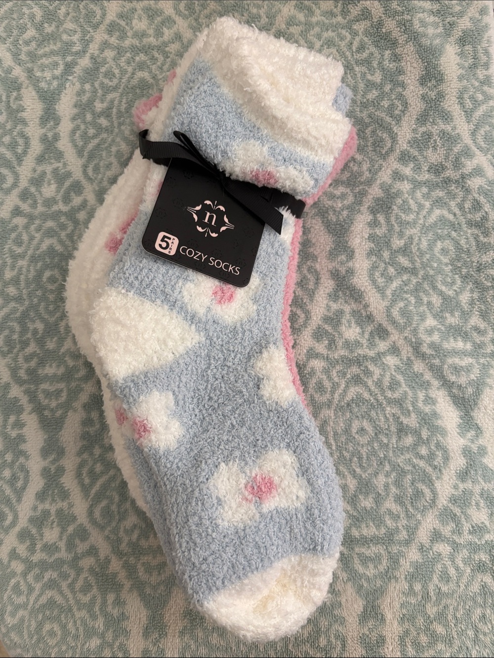 Cozy Fuzzy Cloud Socks - Light Blue, Pink & White (5 pairs)